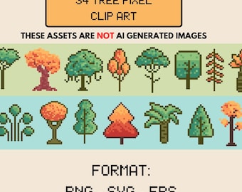 Op de afbeelding: Een verzameling van 34 pixel art boom clipart afbeeldingen in verschillende stijlen en kleuren, waaronder groen, oranje en rood. De afbeelding bevat de tekst "34 TREE PIXEL CLIP ART" en "THESE ASSETS ARE NOT AI GENERATED IMAGES". Het afbeeldingsformaat is PNG, SVG en EPS.