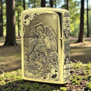 May include: A gold-coloured lighter with an engraved design depicting an angel with a sword and shield, battling a demon. The lighter features ornate scrollwork and text on the side.