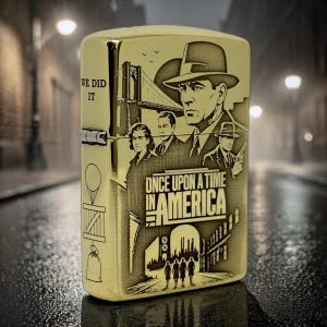 Pu&ograve; includere: Accendino in metallo dorato con un design inciso del film "C'era una volta in America". Il design include ritratti, il ponte di Brooklyn e il testo "WE DID IT". L'accendino ha una classica forma rettangolare.