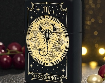 Accendino Zippo con incisione del segno zodiacale Scorpione, regalo Scorpione per lui, regalo di compleanno zodiacale, accendino zodiacale personalizzato, regalo di compleanno di novembre