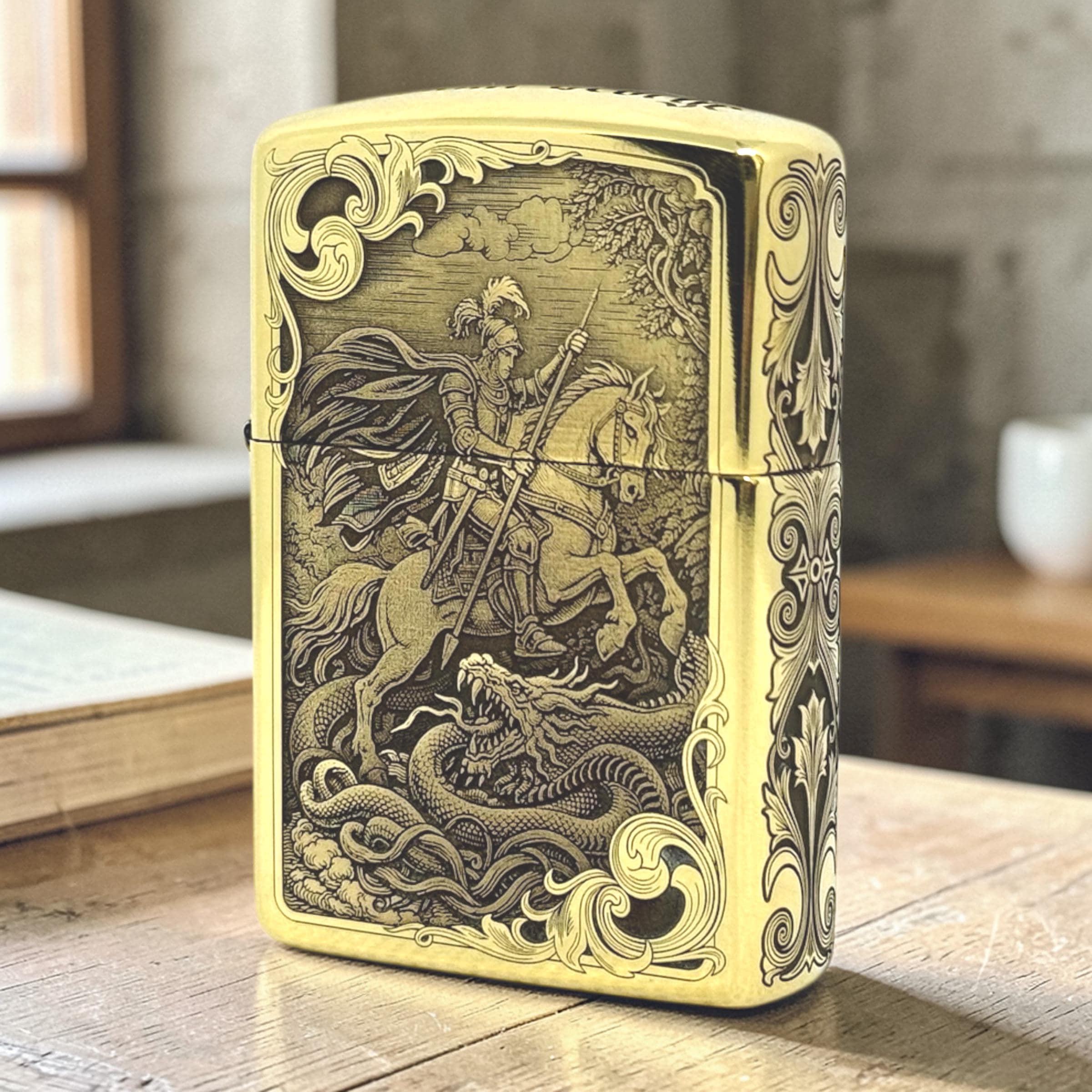 Engraved Saint George Zippo Lighter Armor Brass Dragon Slayer
