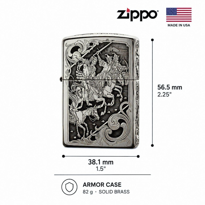 May include: A silver-toned Zippo Armor Case lighter featuring an intricate engraved scene of figures on horseback with swords. The lighter measures 2.25 inches in height and 1.5 inches in width, weighing 82 grams. It is made of solid brass.