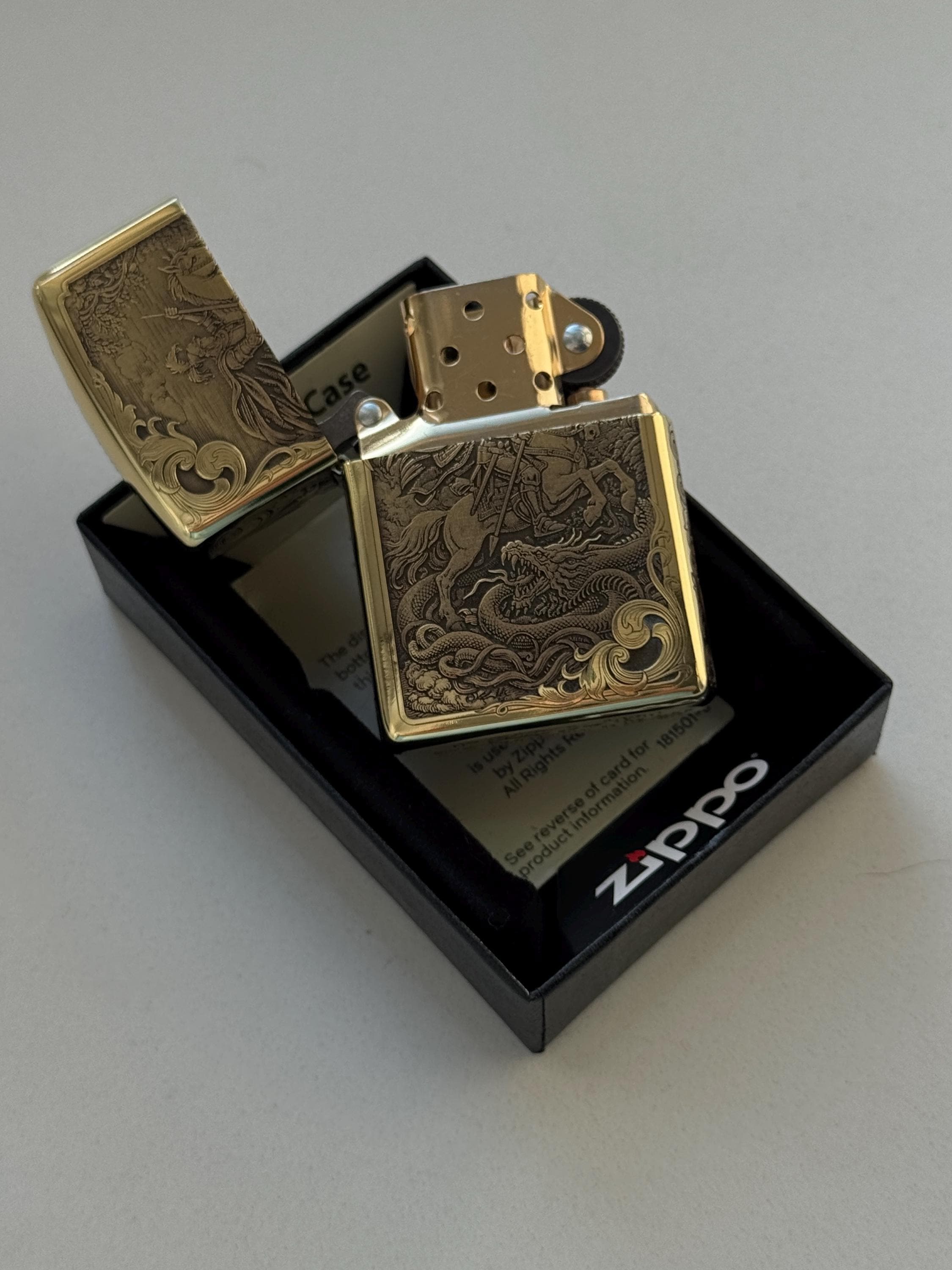 Engraved Saint George Zippo Lighter Armor Brass Dragon Slayer