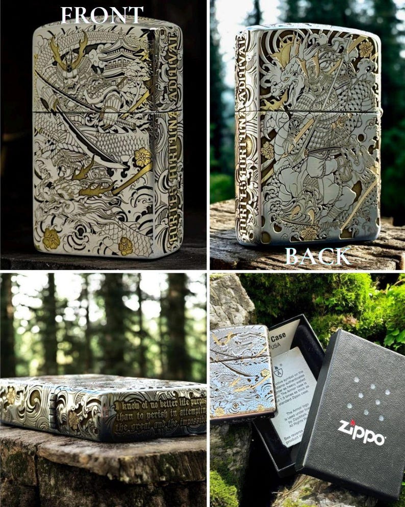 Samurai Armor Zippo Lighter Deep Carved Japanese Warrior & Dragon EDC Gift for Him image 3