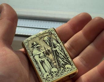 Plague Doctor Zippo Armor Brass Lighter, Memento Mori Deep Engraved Gothic Lighter, Grim Reaper