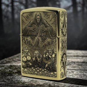 May include: A gold-toned metal lighter featuring an intricate engraved design. The front depicts a hooded figure above a scene with a wolf holding money bags, a cloaked person, and a horned creature amidst a field of skulls and city ruins.