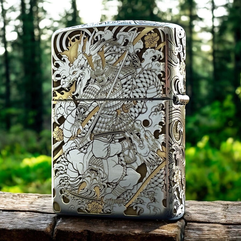 Samurai Armor Zippo Lighter Deep Carved Japanese Warrior & Dragon EDC Gift for Him image 6