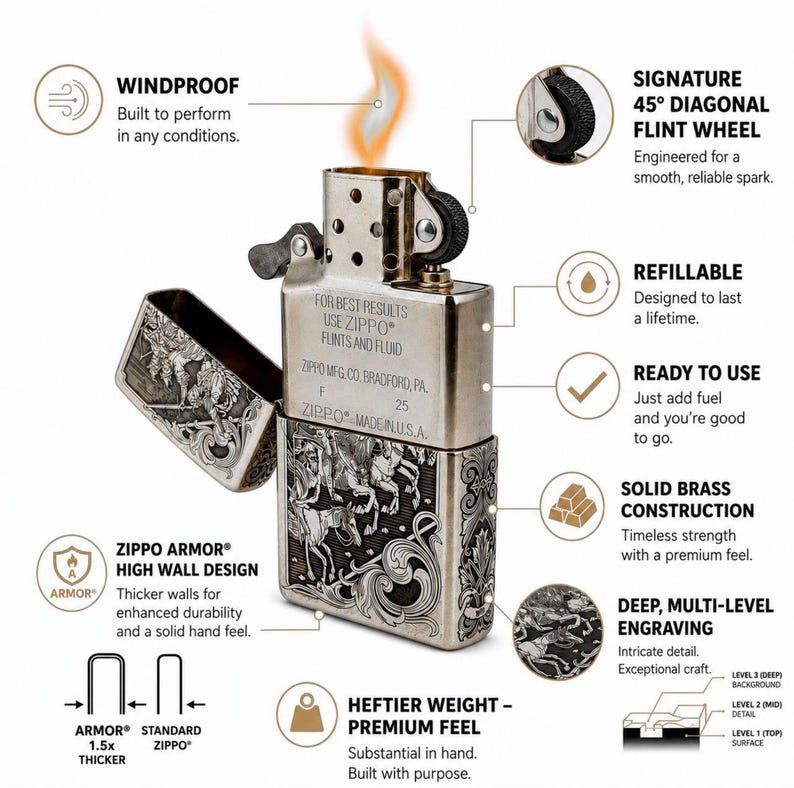 May include: A silver-toned Zippo Armor lighter with an open lid and a lit flame. The metal casing features deep, multi-level engravings of horses and scrollwork. Text on the lighter reads: FOR BEST RESULTS USE ZIPPO FLINTS AND FLUID.