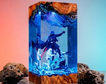 Fanmade Darth Vader Resin Lamp Star Wars Wood Night Light Stormtrooper Epoxy Art Sci-Fi Desk Decor Geek Gift For Him Handmade Movie Diorama
