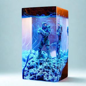 Op de afbeelding: Een rechthoekige hars sculptuur met twee figuren in blauw pantser, tegen een achtergrond van wervelend blauw en paars licht. De figuren staan op een getextureerde, blauwe basis, ingekapseld in een helder harsblok met een houten boven- en zijkant.