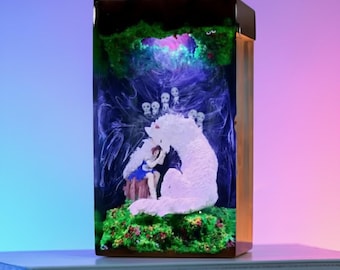 PREMIUM Prinsessan Mononoke-inspirerad hartslampa – Handgjord Forest Spirit LED-lampa, Vargdioramalampa, Studio Ghibli-present, Fantasy Art Decor