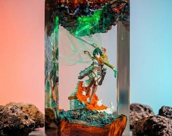 Mikasa Resin Lamp, Handmade Attack On Titan  Anime Figure Night Light, Epoxy Wood Table Decor, Shingeki No Kyojin Fan Gift, Custom Diorama