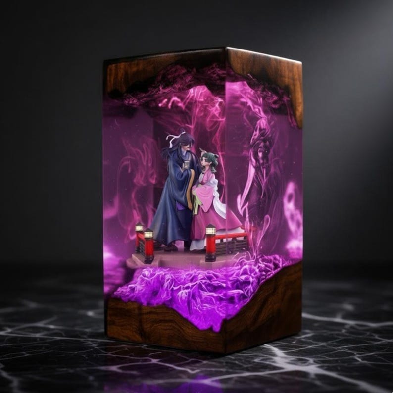 May include: A rectangular wooden block with a detailed resin scene featuring two figures in traditional Asian attire. The scene is illuminated with vibrant purple hues, creating a mystical atmosphere. The wooden frame has a natural wood grain.
