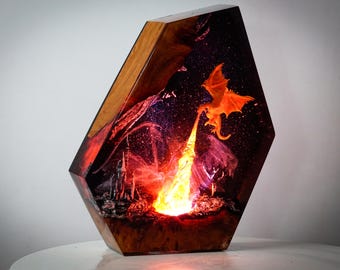 EXCLUSIVE Handmade Fire Dragon Resin Lamp – Fantasy Draconic Night Light, Mystical Flame-Breathing Resin Dragon Decor for Home or Gift