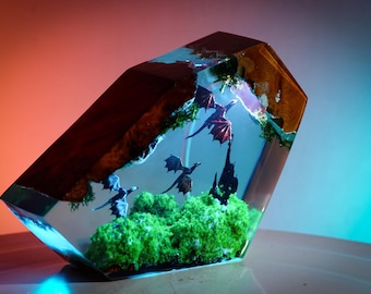 PREMIUM Flying Dragons Sky Lamp – Handmade Fantasy Resin Lamp – Inspired Crystal Light, Mountain Flight Scene & Unique Gift for Myth Lovers
