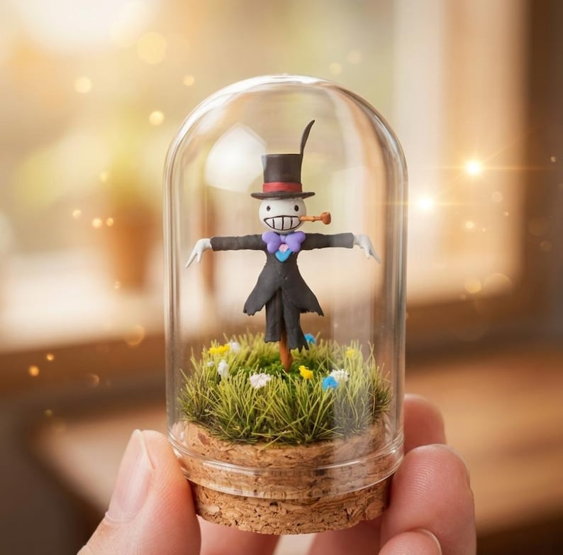 Peut inclure: Un diorama miniature sous un d&ocirc;me en verre. Il pr&eacute;sente un &eacute;pouvantail fantaisiste avec un chapeau haut de forme, un manteau noir et une pipe, debout dans un lit d'herbe et de fleurs. Le d&ocirc;me est pos&eacute; sur une base en li&egrave;ge.