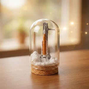 Pode incluir: Um modelo em miniatura de foguete, laranja e branco, está contido numa cúpula de vidro transparente. O foguete está montado numa estrutura de lançamento, com uma base semelhante a algodão. A cúpula assenta numa base de cortiça.