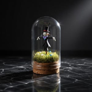 Peut inclure: Un terrarium fantaisiste avec une figurine d'&eacute;pouvantail miniature &agrave; l'int&eacute;rieur d'un d&ocirc;me en verre. L'&eacute;pouvantail porte un costume noir, un haut-de-forme et une &eacute;charpe violette, debout dans un lit d'herbe verte avec de petites fleurs. La base est en li&egrave;ge.