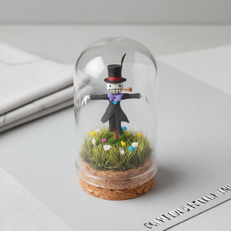 Peut inclure: Une figurine de l'&eacute;pouvantail d'un film, sous un d&ocirc;me en verre. Il porte un chapeau haut de forme noir, un costume et un n&oelig;ud papillon violet. La base est en li&egrave;ge, avec de l'herbe et des fleurs artificielles.