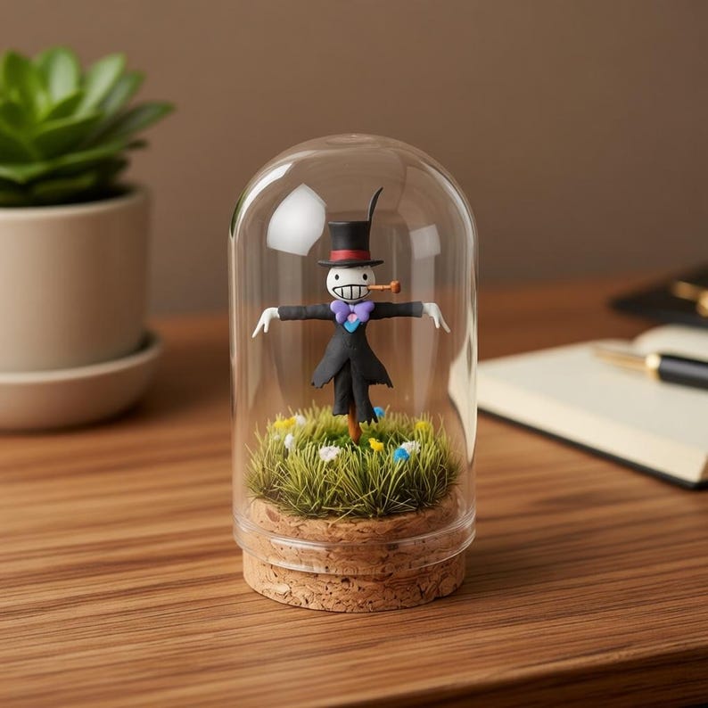 Peut inclure: Figurine fantaisiste d'un &eacute;pouvantail sous cloche en verre. Le personnage porte un chapeau haut de forme noir, un manteau et un n&oelig;ud papillon violet. Il se tient sur un lit d'herbe verte avec de petites fleurs, sur une base en li&egrave;ge.