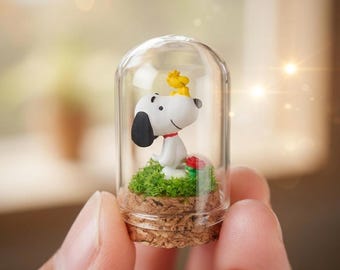 NEW Snoop n' Woodpecker Miniature Glass Dome Terrarium Personalized Peanuts Gift Handcrafted Cartoon Figurine Tiny Cloche Home Decor