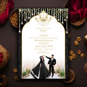 May include: Wedding invitation with a black and gold design. The invitation features the names Sarbjit & Mandeep, the date May 31, 2025, and a graphic of a couple dancing. The background includes floral elements and decorative lights.