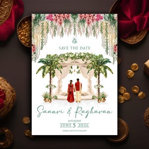 May include: A wedding invitation card with a watercolor illustration of a couple standing under a decorated archway. The card features the text "Save the Date" and the names "Saavi & Raghavan" with the date "June 5 2026". The card is surrounded by decorative elements.