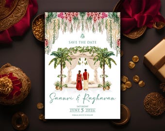 Puede incluir: Una tarjeta de invitación de boda con una ilustración en acuarela de una pareja bajo un arco decorado. La tarjeta presenta el texto "Save the Date" y los nombres "Saavi & Raghavan" con la fecha "5 de junio de 2026". La tarjeta está rodeada de elementos decorativos.