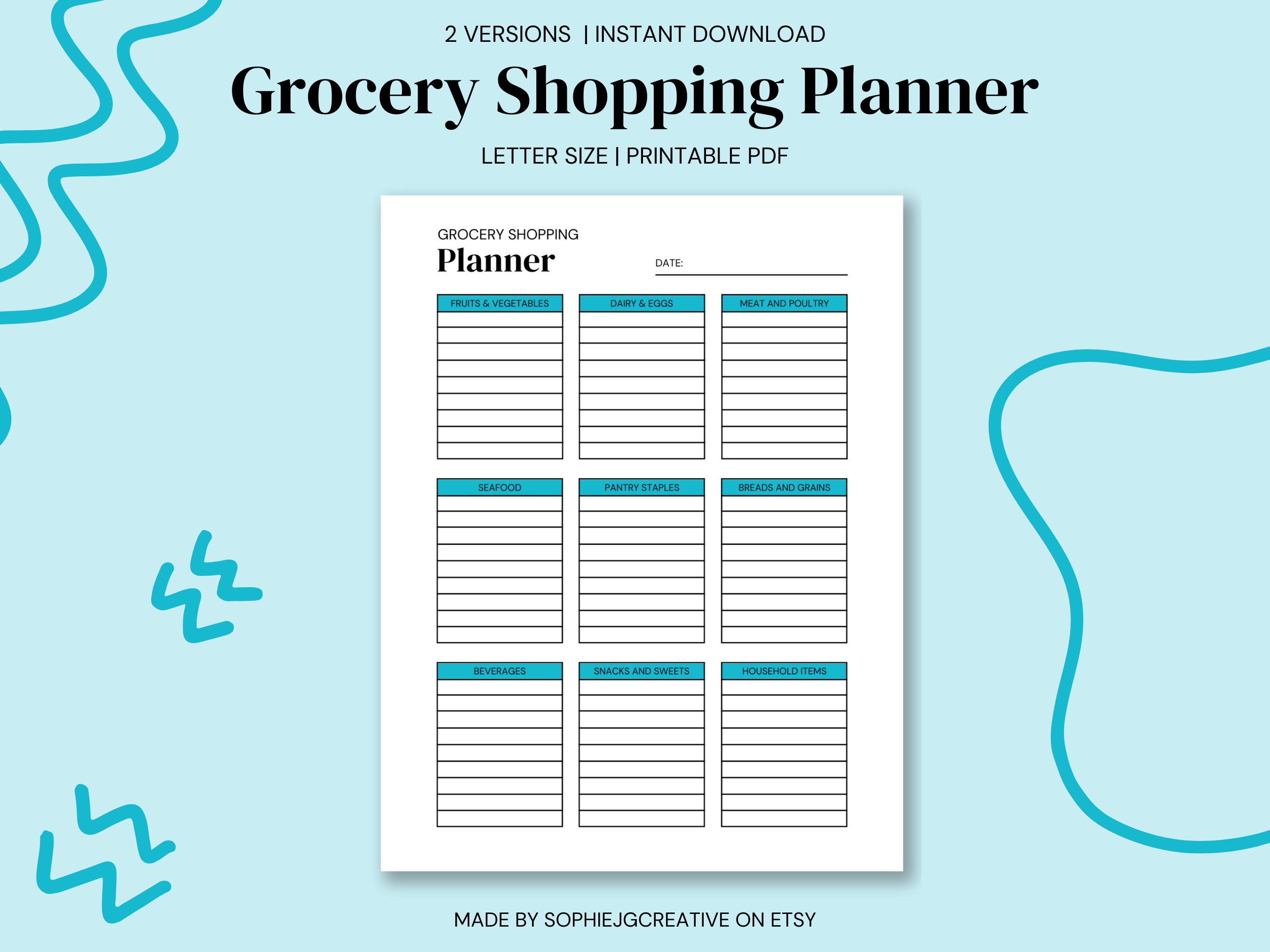 Grocery Shopping List Printable Template, Grocery Planner, Food Shopping List, Letter Size ...