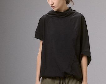 Black Asymmetrical Cotton Blouse, Oversized Tunic Top Women, Loose Minimalist Shirt, Elastic Hem Top, Plus Size Clothing