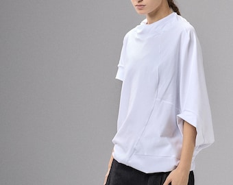 White Asymmetrical Cotton Blouse, Loose Oversized Top, Minimalist Short Sleeve Tunic, Elastic Hem Top, Plus Size Clothing