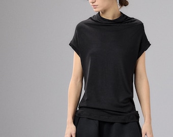 Black Asymmetrical Cap Sleeve Top Women, Minimalist Blouse, Loose Fit Short Sleeve Top, Plus Size Clothing