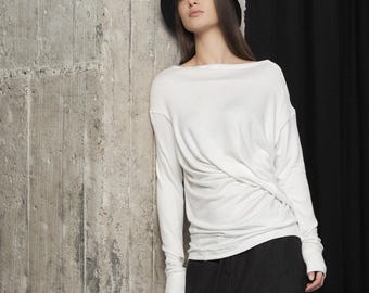 Off-White Long Sleeve Top, Draped Front Blouse, Adjustable Boatneck, Minimalist Asymmetrical Top, Capsule Wardrobe Essential by THUBAN