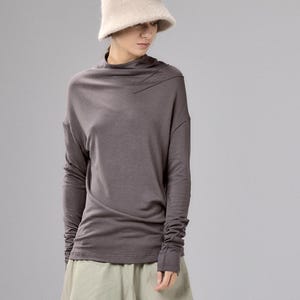Brown Gray Asymmetrical Top, Long Sleeve Minimalist Blouse Women, Loose Knit Shirt, Avant Garde Top, Plus Size Clothing