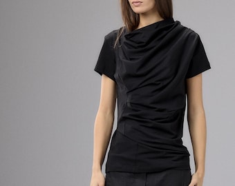 Black Twisted Top, Asymmetrical Cotton Blouse, Draped Minimalist Shirt, Short Sleeve Women, Plus Size Clothing, 1079