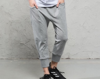 Heather Gray Cropped Yoga Pants, Drop Crotch Cotton Pants with Pockets, Loose Fit Activewear, Minimalist Yogawear, THUBAN