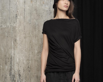 Black Cap Sleeve Shirt – Draped Front Boatneck | THUBAN DBL27