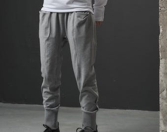 Gray Yoga Pants with Pockets, Long Drop Crotch Pants, Soft Cotton Harem Pants, Minimalist Casual Clothing by THUBAN