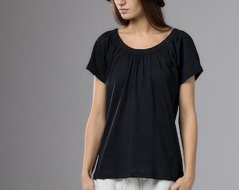 Black Minimalist Blouse, Gathered Neckline Top Women, Short Sleeve Soft Top, Loose Fit Clothing, 1086