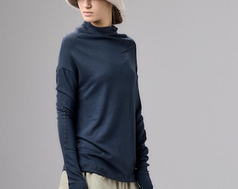 Muted Blue Asymmetrical Top, Long Sleeve Minimalist Blouse, Loose Plus Size Tunic, Modern Knit Top, Avant Garde Clothing