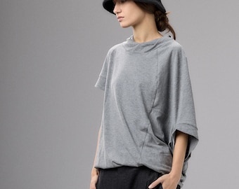 Gray Asymmetrical Cotton Blouse Women, Loose Fit Short Sleeve Top, Minimalist Blouse, Plus Size Clothing