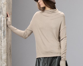Minimalist Beige Long Sleeve Top, Asymmetrical Blouse Women, Oversized Tunic, Plus Size Clothing, Capsule Wardrobe Top