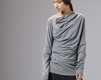 Gray Asymmetrical Long Sleeve Top Women, Draped Cotton Blouse, Loose Fit Minimalist Shirt, 1079