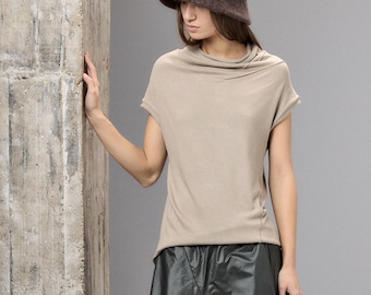 Beige Asymmetrical Cap Sleeve Top Women, Minimalist Blouse, Loose Fit Short Sleeve Top, Plus Size Clothing