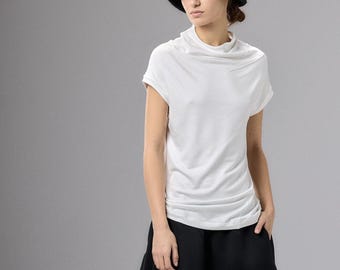 Off White Asymmetrical Cap Sleeve Top Women, Minimalist Blouse, Loose Fit Short Sleeve Top, Plus Size Clothing, 1099