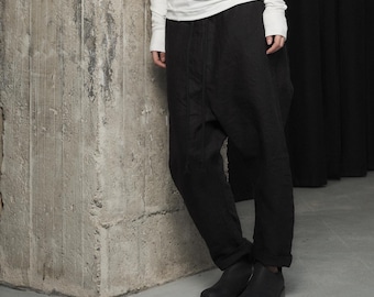 Black Linen Drop Crotch Pants – Casual Loose Trousers | THUBAN 3044