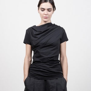 Black Draped Short Sleeved Top, Plus Sizes Available, Twisted Cotton Blouse, Casual Minimalist Shirt, Modern Womens Clothing 1079.BK