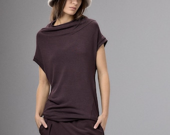 Burgundy Asymmetrical Cap Sleeve Top Women, Minimalist Blouse, Loose Fit Short Sleeve Top, Plus Size Clothing, 1099