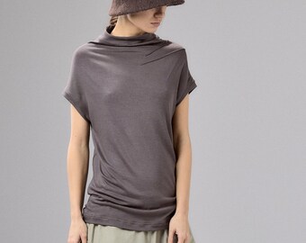Brown Gray Asymmetrical Cap Sleeve Top Women, Minimalist Blouse, Loose Fit Short Sleeve Top, Plus Size Clothing