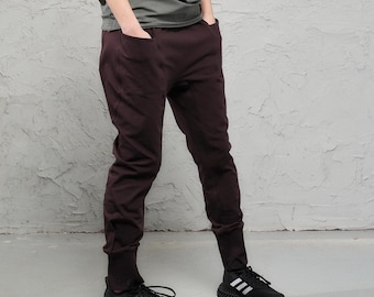 Burgundy Drop Crotch Pants Women, Tapered Leg Trousers, Cuffed Hem Pants, Yoga Wear, Minimalist Activewear, Plus Size Pants, 3042